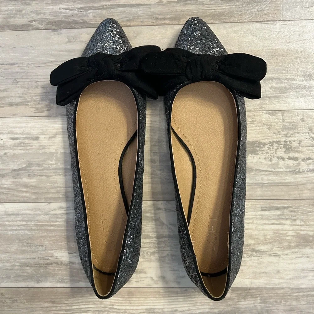 LOFT Silver Glitter Sparkle Flats with Black Velvet Bows - Picture 2 of 9